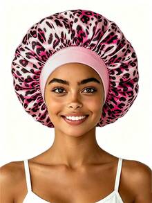 7cm Wide Elastic Fabric Sleep Cap/Wig Cap/Satin Cap, Butterfly Leopard Print Satin Round Cap, Back To School Essential, Unisex - Pink - View 11