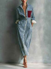 Autumn Casual Vacation Striped Colorblock Shirt Pocket Midi Dress Elegant - Blue - View 1