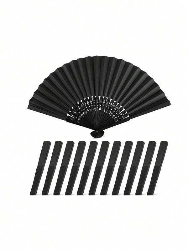10/2pcs Wedding Hand Fan Party Favors Set, Black Plastic Folding Hand Held Fans With Organza Bags, Suitable For Summer Wedding Guests & Dance Props