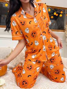 2PCS Halloween Cartoon Pumpkin And Ghost Print Short Sleeve Top And Long Pants Pajama Set, Comfortable And Cute Halloween Party Home Wear Set For Autumn/Winter - Orange - View 1
