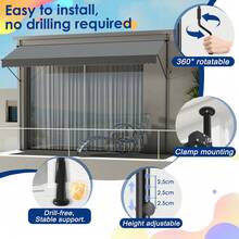 Clamp Awning, Balcony Awning Without Drilling, Aluminum Awning, Sun Awning, Height-Adjustable Awning With Hand Crank, UV Protection For Balcony, Garden, Terrace, 200 Cm - 400 Cm - Dark Gray - View 2