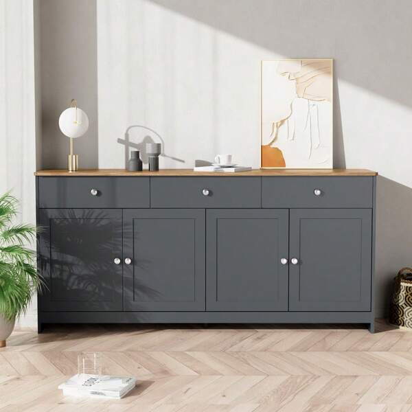Storage Cabinet Sideboard With Gray-Black Wood Grain, Four Doors, Three Drawers, For Living Room And Dining Room. Wood Tone And Gray-Black