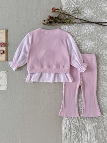Baby Girls 2pcs Casual Set With 3D Floral Ribbed Flare Pants - Pink - View 8