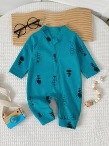 Lake Blue Fishbone Print Baby Full Foot Zipper Jumpsuit, Elastic Long Sleeve Stand Collar Newborn Outing Daily Crawl Suit - Blue - View 1
