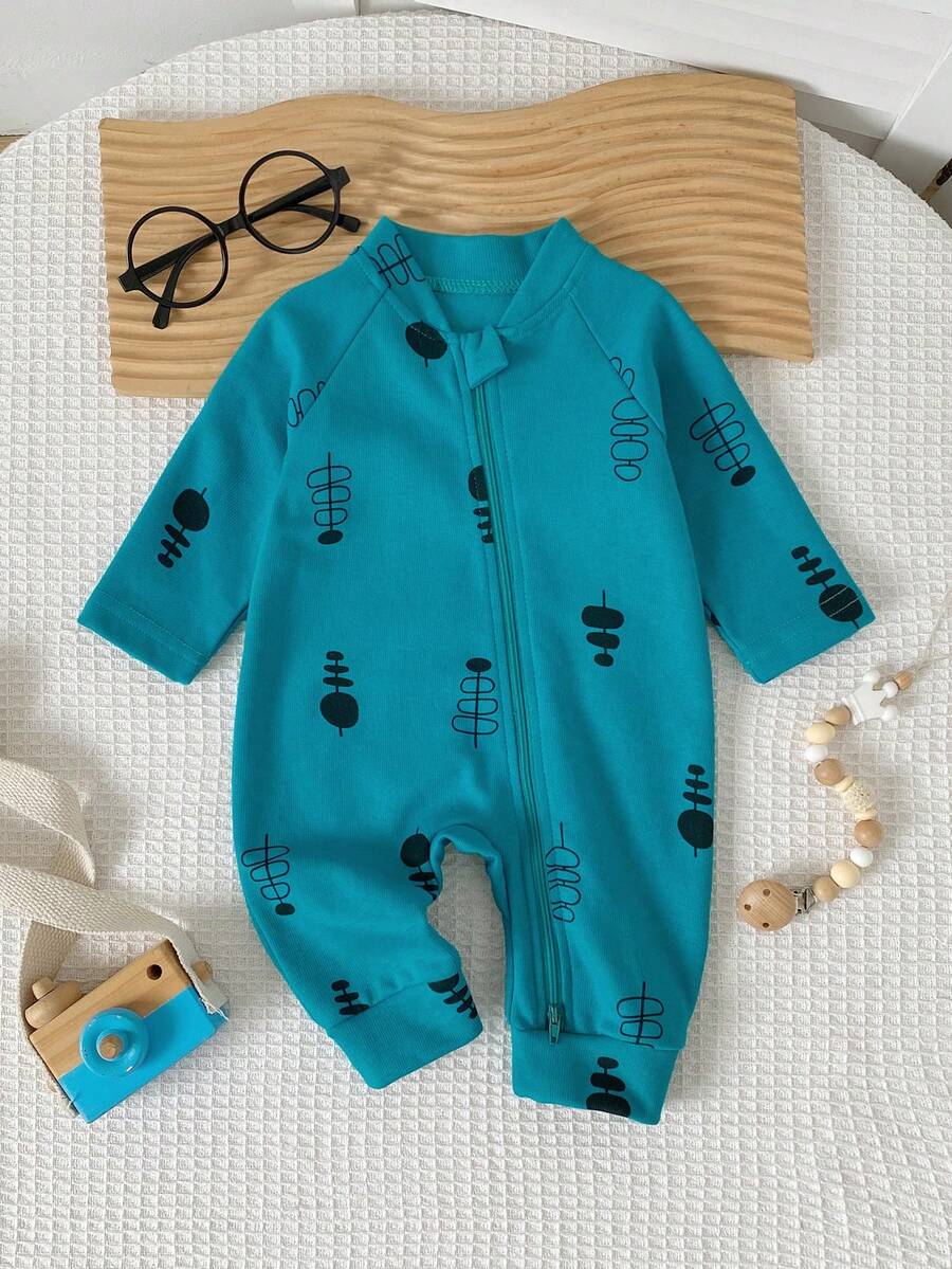 Lake Blue Fishbone Print Baby Full Foot Zipper Jumpsuit, Elastic Long Sleeve Stand Collar Newborn Outing Daily Crawl Suit - Blue - View 1