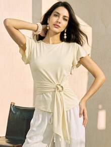 Cream Ruffle Cap Sleeve Wrap Waist Tie Top, Women Elegant Summer Round Neck Metal Buckle Self Sash Slim Fit Casual Blouse - Light Yellow - View 1