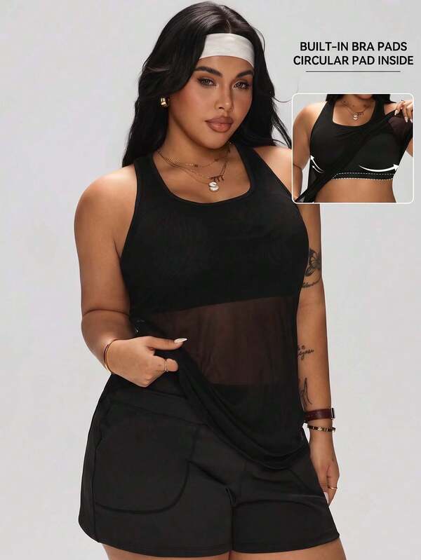 1pc Plus Size Mesh Racerback Tank Top With Built-In Support Padded Cups, 2-In-1 Casual Home & Sports Vest, All-Season Bra-Free Yoga Fitness Slim Fit Outerwear Base Layer