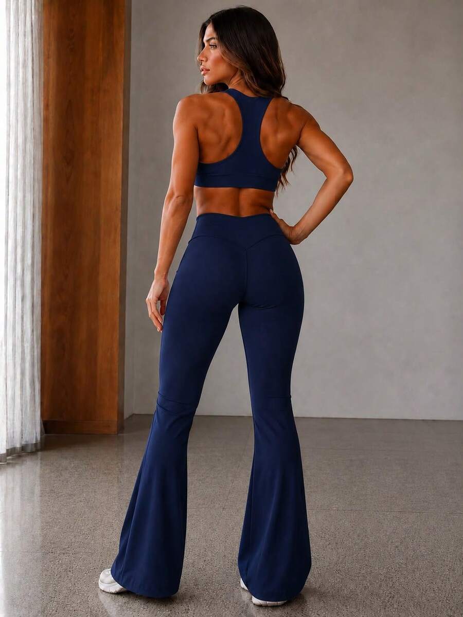 Calça Flare Poliamida com Alta Tecnologia – A Revolução no Combate à Celulite com Proteção UV50+, treino, corrida, fitness - Azul Marinho - Visão 1