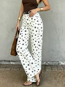 Women White Straight Jeans Star Print Loose Wide Leg Jeans Vintage Hot Girl Vacation Streetwear, Summer Fall - White - View 5