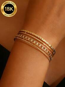 MONALLY Brazalete de acero inoxidable chapado en oro de 18K para mujeres, diseño de cadena abierta ajustable, joyería perfecta como regalo de cumpleaños para uso diario - Amarillo Oro - Ver 1