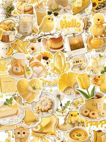 50 Pcs Yellow Fluffy Plush Vinyl Stickers, Glossy Realistic Floral Dessert Puppy Duck Cat Bow Decals, Warm Cream Pastel Waterproof Stickers For Vision Board, Journal, Laptop, Tablet & Scrapbook Crafts - Multicolor - View 2