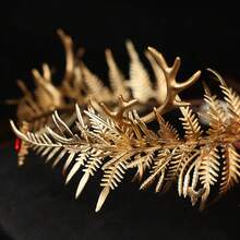 Vintage Elf Forest Gold Staghorn Fern Leaf Crown With Red Rhinestones, Adjustable Ribbon Headpiece, Suitable For Halloween Cosplay, Renaissance Wedding, Festival Party - Multicolor - View 8