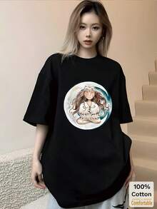 Unisex 100% High Quality Cotton Art Bohemian Lady Print Short Sleeve Tee Comfortable Light Summer Casual Basic T Shirt - Black - View 4