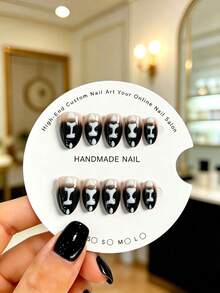 10pcs Handmade Press-On Nails, Almond Shape Y2K Gothic Dark Gradient With Hand-Painted Asymmetrical Cream White 3D Bone Pattern, Unique Niche Style For Girls, Suitable For Halloween Outfit, Includes Tool Kit - 黑色 - 查看 8