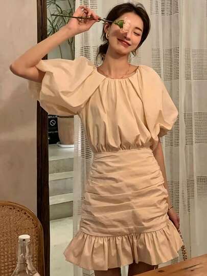 Women's Elegant Casual Summer Vintage Dress, Fashion Solid Color Short Petal Sleeve Top, Vacation Party Outfit, New Style Wedding Fall