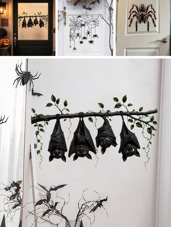 1pc Realistic Hanging Bat Branch Wall Stickers, Black Spider Green Vine Print, Spooky Cute Ornament For Halloween Party Living Room Shop Window Indoor Home Decorations