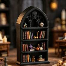 Dark Gothic Style Mini Bookshelf, Vintage Church Arch Design + Skull Carving, Creates A Mysterious Atmosphere, 3-Tier Design For Storing Mini Ornaments And Jewelry, Both A Practical Storage Rack And A Dark Gothic Home Decor Piece, Create Your Exclusive Niche Aesthetic Space - Multicolor - View 1