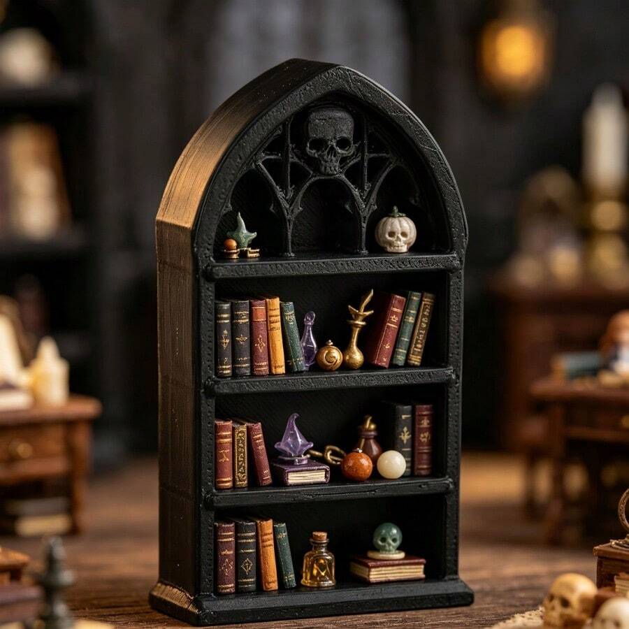 Dark Gothic Style Mini Bookshelf, Vintage Church Arch Design + Skull Carving, Creates A Mysterious Atmosphere, 3-Tier Design For Storing Mini Ornaments And Jewelry, Both A Practical Storage Rack And A Dark Gothic Home Decor Piece, Create Your Exclusive Niche Aesthetic Space - Multicolor - View 1