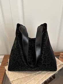 Vintage Leopard Print Tote Bag, Large Capacity Design, Durable & Scratch-Resistant, Shoulder Bag For Commuting, Versatile For Daily Outings - Black - View 8