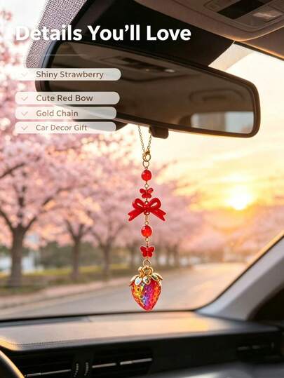 Iridescent Rhinestone Strawberry Car Rearview Mirror Hanging Ornament, Red Bowknot Sweet Girl Style Car Interior Decor, Vintage Red Bow Glass Strawberry Car Hanging Charm, Gold Chain Red Bead Butterfly Sweet Girl Vibe Car Interior Rearview Mirror Decorative Pendant