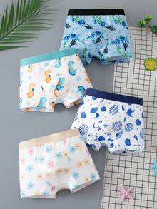 Young Boy 4pcs/Pack Colorblock All-Over Print Casual Daily Boxer Briefs - Multicolor - View 1