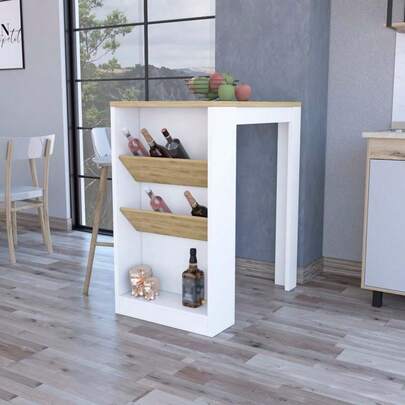 DeSoto Wine Storage Pedestal Kitchen Island White And Macadamia