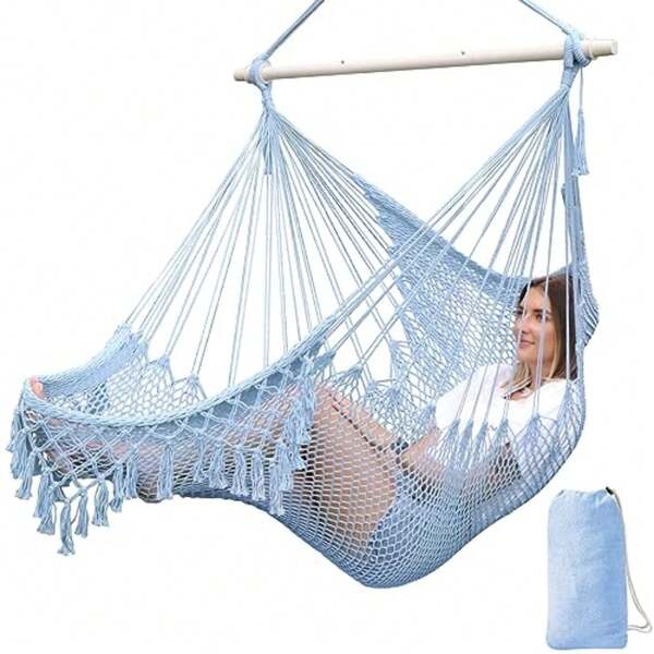 Chihee Silla Hamaca Súper Grande de Cuerda de Algodón Hilado Suave Silla Colgante Tejida, Barra Separadora de Metal Fuerte Plegable Asiento Ancho Sillas Columpio de Encaje Elástico Interior Exterior