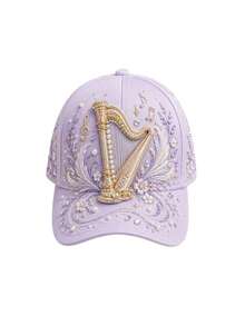 1pc Women's 3D Floral Baseball Cap, Music Theme Note Print Pearl Rhinestone Adjustable Sun Hat, Vintage Music Festival Style Baseball Cap - Multicolor - View 1