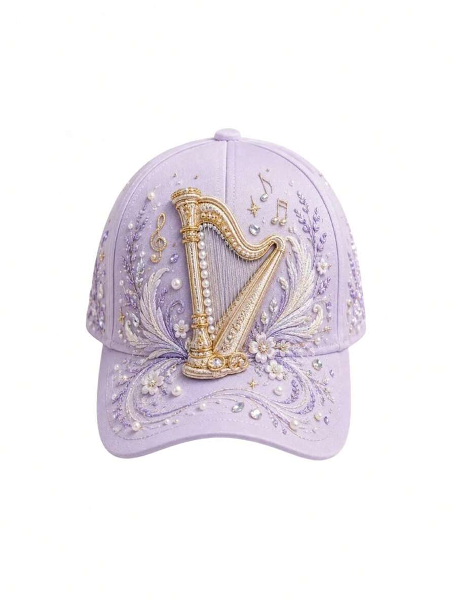 1pc Women's 3D Floral Baseball Cap, Music Theme Note Print Pearl Rhinestone Adjustable Sun Hat, Vintage Music Festival Style Baseball Cap - Multicolor - View 1