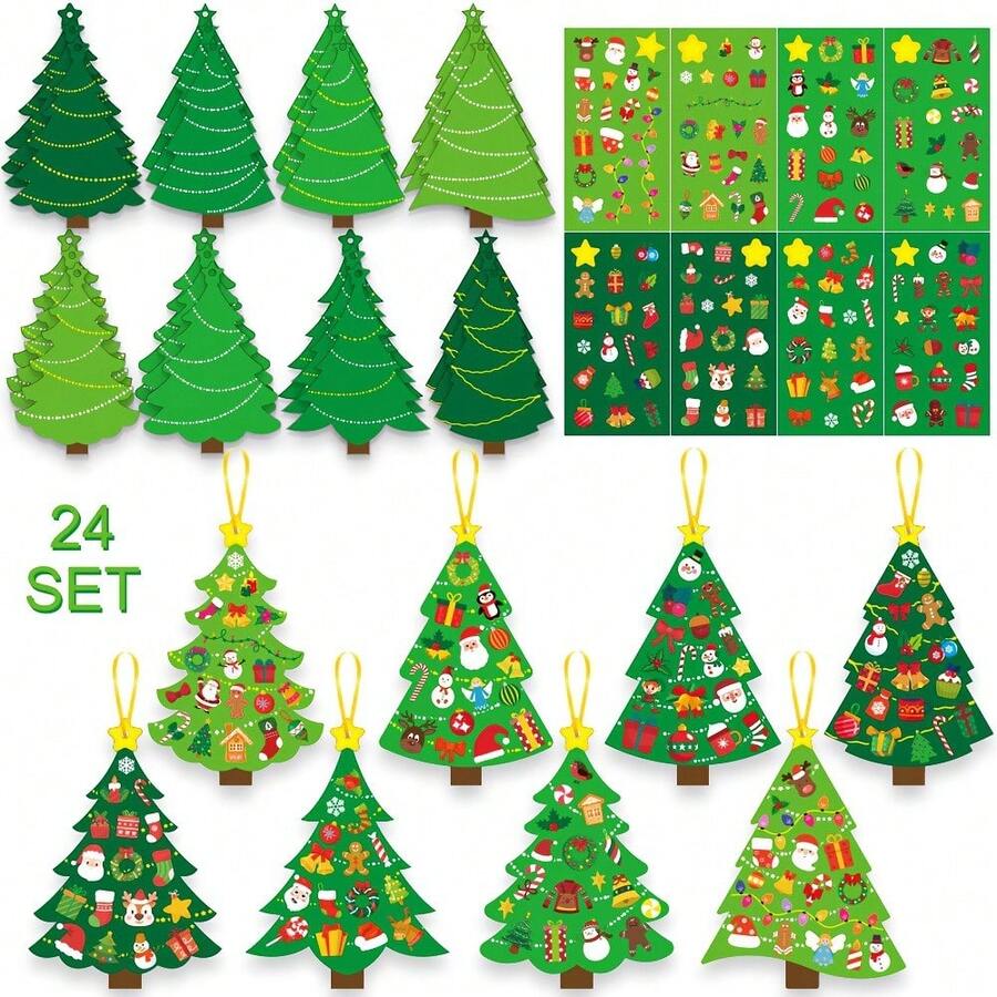24 Sets Christmas Tree DIY Craft Greeting Card Kit - Use Stickers To Make Your Own Holiday Greeting Cards, Perfect For Christmas Parties And Home School Activities, Back To School Gifts