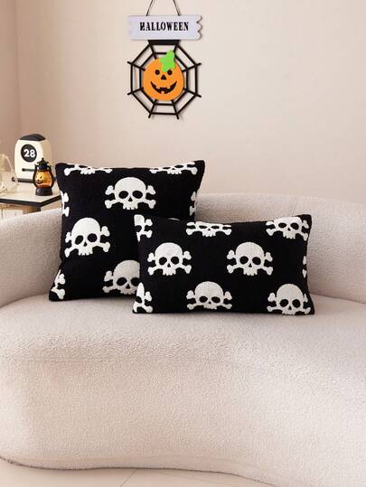 1pc Halloween Black & White Skull Embroidery Pillow Case, Suitable For Indoor Decoration, Halloween Decor, All-Season Pillow Case, Without Insert