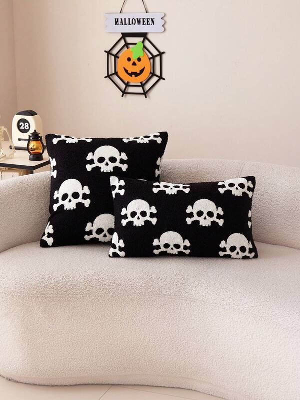 1pc Halloween Black & White Skull Embroidery Pillow Case, Suitable For Indoor Decoration, Halloween Decor, All-Season Pillow Case, Without Insert