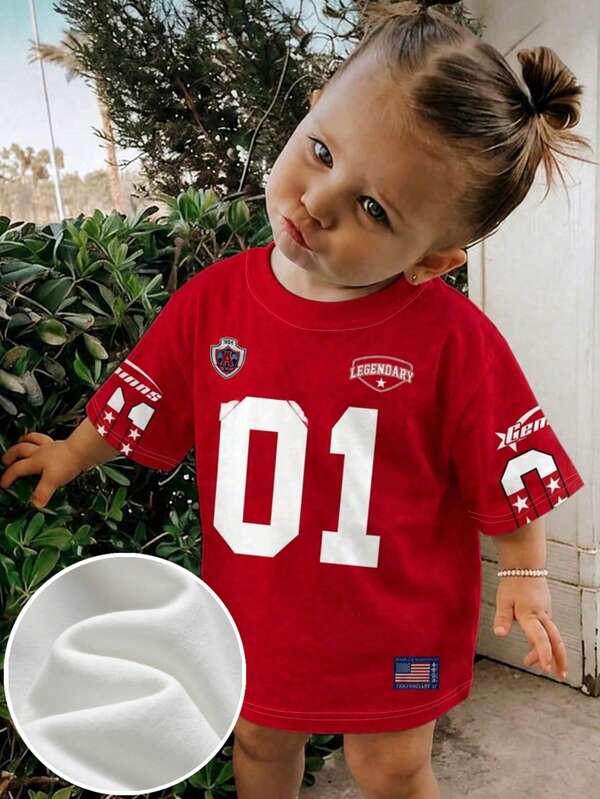 1pc Young Girl Red & White Colorblock 01 LEGENDARY Jersey Short Sleeve Design Summer Casual Fashion Print Round Neck Versatile T-Shirt Top, Soft & Skin-Friendly, Suitable For Girls And Children
