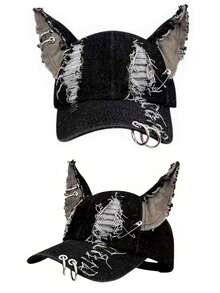 2026 New Fashion Hip Hop Skateboard Hat, Distressed Perforated Denim Rabbit Ear Baseball Cap, Outdoor Casual Decorative Sun Hat, Unisex - Rabbit Ears - View 1