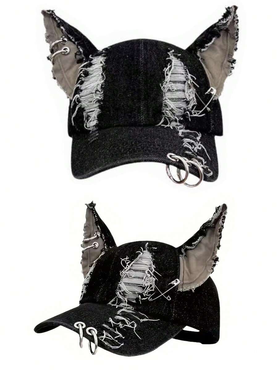 2026 New Fashion Hip Hop Skateboard Hat, Distressed Perforated Denim Rabbit Ear Baseball Cap, Outdoor Casual Decorative Sun Hat, Unisex - Rabbit Ears - View 1