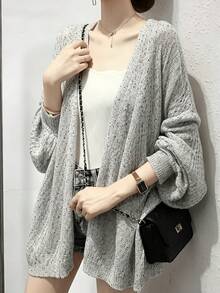 Cardigan Rajut Lengan Panjang Longgar Berlubang Motif Titik Campuran Ukuran Plus Musim Semi/Panas, Sweater Kasual Sehari-hari untuk Liburan Pantai bagi Wanita - Grey - View 1