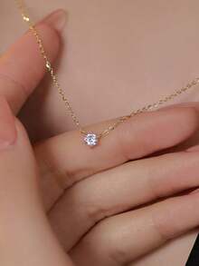 BALMORA 1pc S925 Sterling Silver Necklace, Cubic Zirconia Inlaid, Adjustable Collarbone Chain, Fashionable Six-Prong Design, Gift For Women - Gold - View 8
