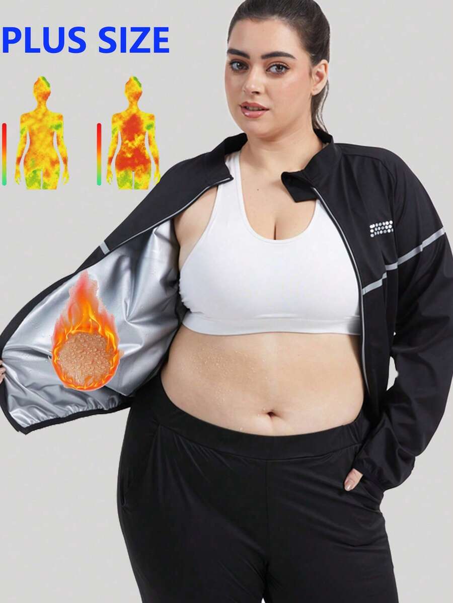 1pc Plus Size Sauna Suit Long Sleeve Zipper Sweat Shirt For Workout Sports - Black - View 1