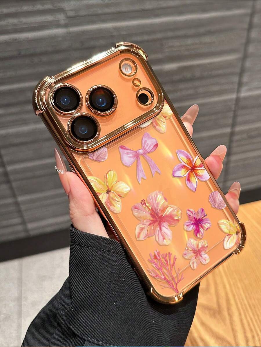 Full Coverage Transparent Shockproof TPU Phone Case, Compatible With Apple Devices, Pink Floral Bow Design, Suitable For IPhone 17 Pro, 16 Pro, 15, 14, 13, 12 And 11, Minimalist Fashion Soft Protective Shell, Valentine's Day Gift - Orange - View 1