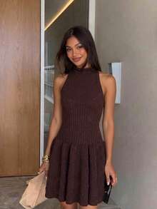 Women's Fall Winter Dark Brown Sleeveless Mock Neck Knit Mini Dress Fit & Flare Slim Fit Elegant Sexy Party Date Night Going Out Casual Wear Summer - Brown - View 6