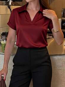 Minimal Silky Vacation Short Sleeve Shirt Graduation Commute Travel Vacation City Trip Leisure Brunch Wear - Burgundy - View 4