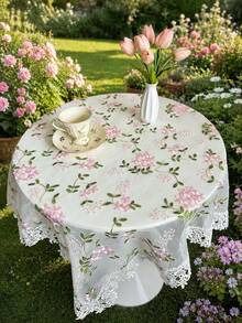 1pc Pink Pattern Embroidered Tablecloth, Lace Trim Decoration, Polyester Fabric, Embroidered Floral Pattern Tablecloth, Rectangular Square Tablecloth, Suitable For Dining Room Living Room Tabletop Decoration - White - View 2