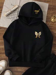1pc Tween Girls Solid Black Hooded Sweatshirt, Loose Casual Basic Long Sleeve Top, Soft Skin-Friendly Breathable Versatile Campus Commute Sporty Style Children's Clothing, Spring Autumn Winter Three Seasons Inner Layer Outerwear Simple Solid Color - Black - View 4