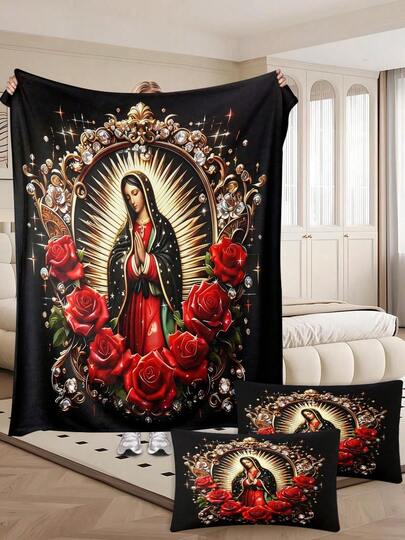 Ornate Rose Medallion Flannel Blankets Pillow Case Set Elegant Home Decor Bedding Accent Gift For Mom Grandma Sister Aunt Wife Friend Birthday Thanksgiving Christmas Housewarming Anniversary Wedding Bedroom Sofa Lounge Apartment Guestroom Cottage