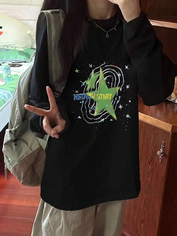 女款寬鬆版型圓領時尚休閒字母與星星印花長袖T恤，春秋款