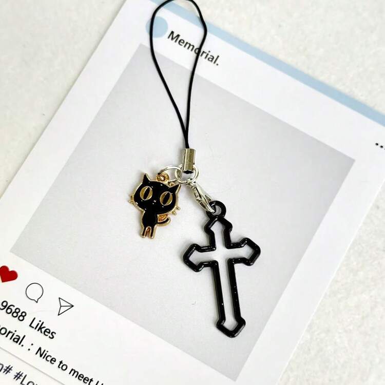 1pc Gothic Dark Style Cross Phone Chain Pendant, Alloy Cat Phone Charm, Niche Design Phone Accessory - Black - View 1