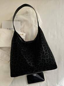 Vintage Leopard Print Tote Bag, Large Capacity Design, Durable & Scratch-Resistant, Shoulder Bag For Commuting, Versatile For Daily Outings - Black - View 10