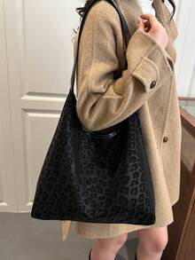 Vintage Leopard Print Tote Bag, Large Capacity Design, Durable & Scratch-Resistant, Shoulder Bag For Commuting, Versatile For Daily Outings - Black - View 3