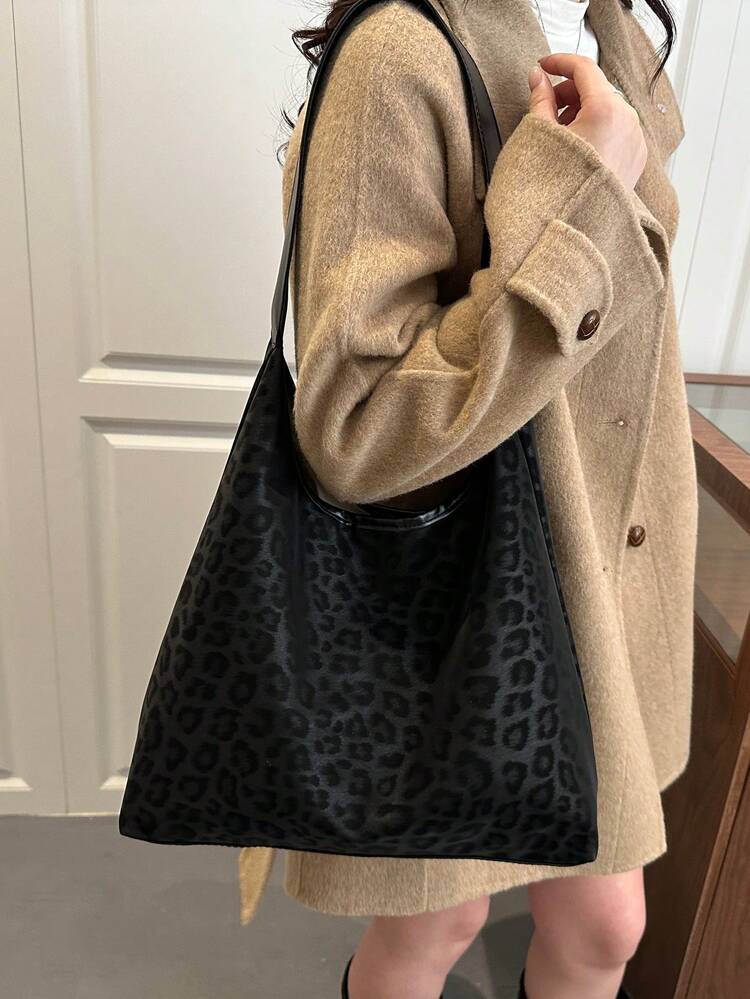 Túi tote họa tiết da báo vintage, thiết kế dung tích lớn, bền bỉ chống trầy xước, túi đeo vai đi làm, đa năng cho dạo phố hàng ngày - màu đen - Xem 3