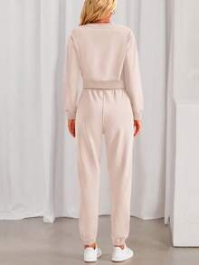 Women Fall 2 Piece Outfits Casual Long Sleeve Crop Top Drawstring Pant Jogger Suit Jumper Sportswear Sweatsuits Tracksuit Matching Set - Beige - View 2